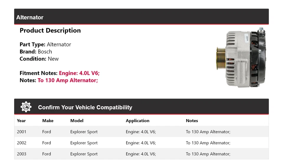Alternador Bosch para Ford Explorer Sport 2001-2003 4,0 L V6 (nuevo) 2002 Foto 2 de 4