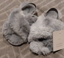 NWT Girls LC Lauren Conrad Cross Faux Fur Slippers X-Band Slide 11/12 Gray-4283