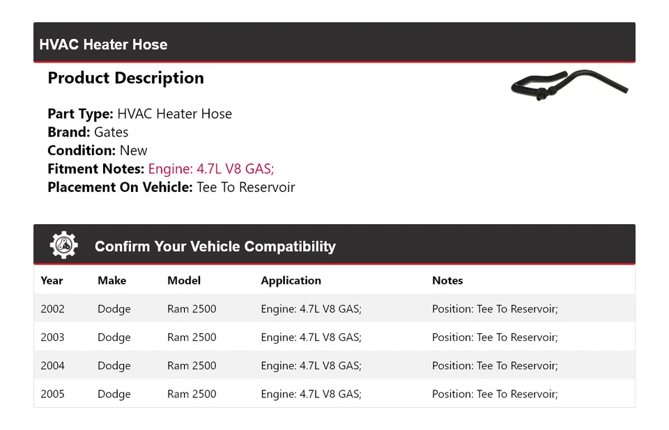 Para Dodge Ram 2500 2002-2005 4,7 L V8 gas climatizador manguera camiseta a puertas de depósito Foto 2 de 3