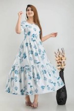 Indian Women blue beautiful printed Anarkali flare Kurta Kurti beautiful Dress