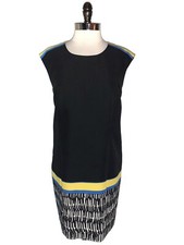 TAHARI Size 12 Shift Dress Black Blue Yellow Cap Sleeve