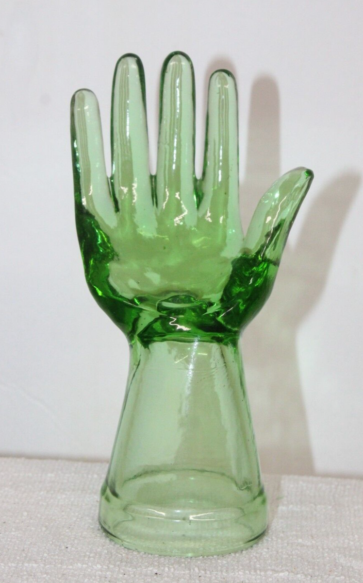 GREEN GLASS HAND JEWELRY RING DISPLAY NEW DEPRESSION GLASS ANTIQUE STYLE 8''