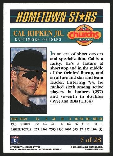 1994 Pinnacle Church's Hometown Stars Cal Ripken Jr. #7 - Picture 2 of 2