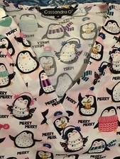 Cassandra O  s Women  s Christmas Penguins Pink Nurse Scrub Scrubs Vet Tech New