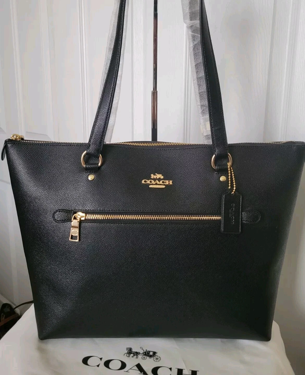 NUOVA borsa a tracolla Coach Large Gallery Crossgrain in pelle nera oro F79608