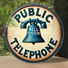 Vintage Public Telephone Bell System Tin Metal Sign Round Retro 8x8