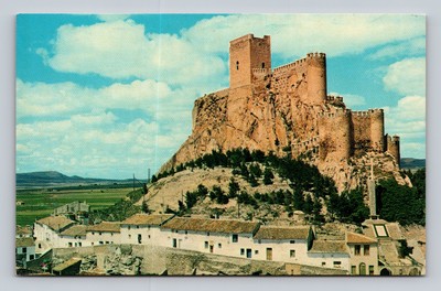 Almansa Castle on Rocky Hill with Village and Cross Spain Province of Albante