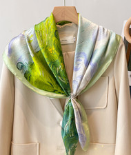 100 Silk Mulberry Scarf 90X90cm Women Square Bandana Wrap Green oil painting