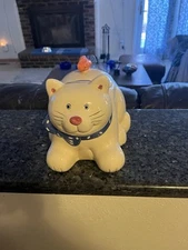 Vintage Coco Dowley Cat Cookie Jar 12" Kitty cat with fish Ceramic Canister 