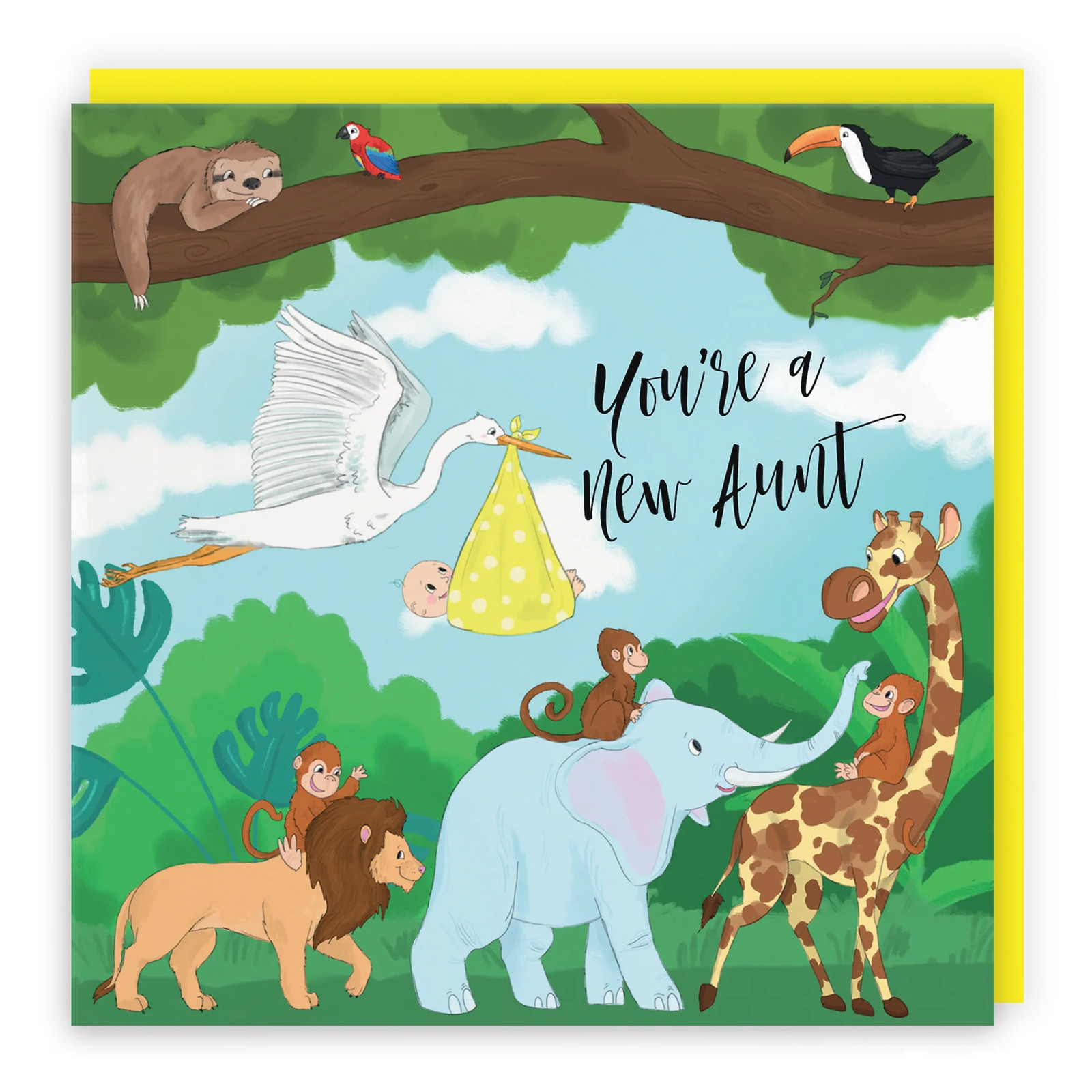 New Aunt Congratulations New Baby Card Stork Yellow Jungle