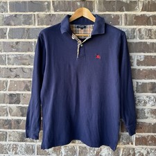 Men s Navy Long-Sleeve Polo Shirt with Plaid Trim Tagged L, Fits Small