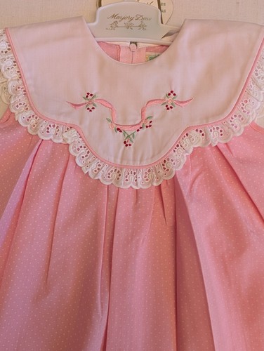 Vintage Dress Girl 1 Cotton Blend Pink Polkadot Embroidered Yolk Broderie Lace - Picture 3 of 9