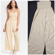 Universal Thread Linen Blend Beige Smocked Wide-Leg Jumpsuit Romper Size Small