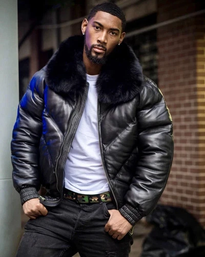 Mens V Bomber Quilted Puffer Black Real Leather Winter Jacket Fur Collar - product listing photo