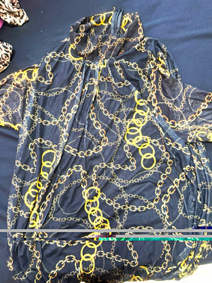 Women's Black Gold Chain Print High Neck Zip Long Sleeve Blouse Size L
