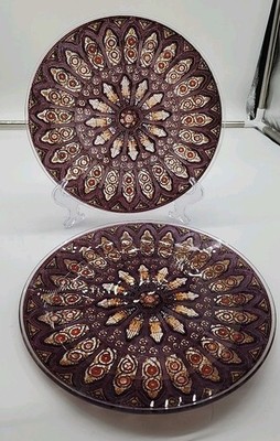 (2)Behrenberg Pilgrim Glass Stained Glass Window Serving Plates 8.5  Excellent!