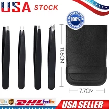 US Tweezers Set 4PCS Professional Black Plucker Stainless Steel With Case