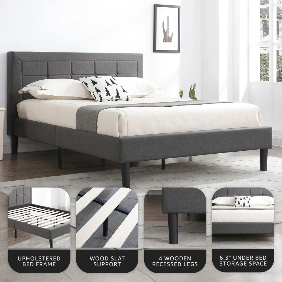 Cama plataforma tapizada DeCoro Mornington 2.0 con marco de metal, gris oscuro, queen Foto 3 de 4