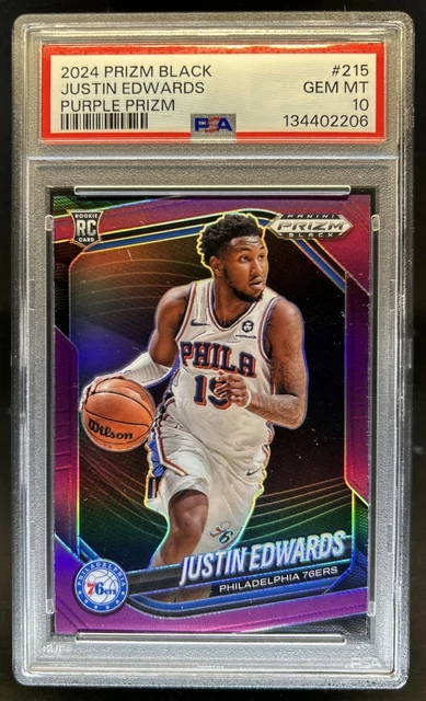 2024-25 Panini Prizm Black Justin Edwards RC Purple Prizm #/99 76ers PSA 10
