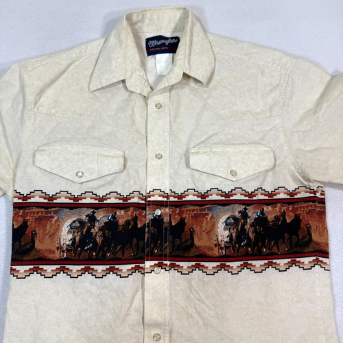 VTG Wrangler Western Shirt Men L Pearl Snap Beige Wagon Horse Short Sleeve