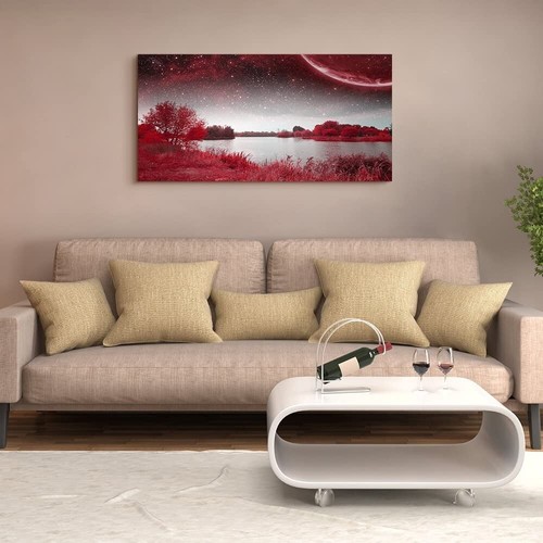 Wall Art Decor Poster Living Room Abstract Red Tree Moon Starry Sky Red Landscap - Picture 2 of 6