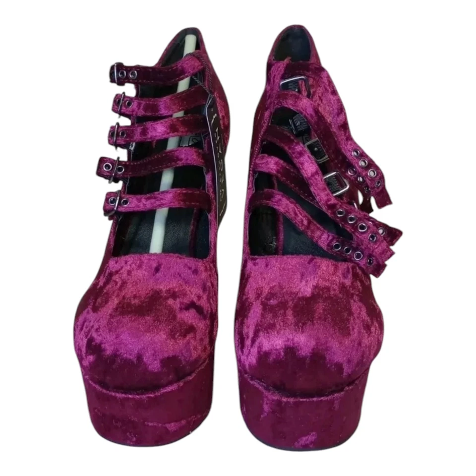 TUK Borgoña Terciopelo Tirantes Especias Plataforma Tacones Para Mujer Talla 11 A9437L NUEVO Foto 4 de 4