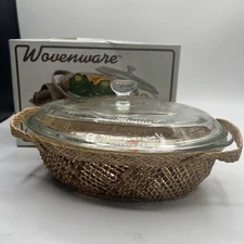 Vintage Wovenware 1 Qt glasbake ovenware Oval Covered dish woven basket Carrier