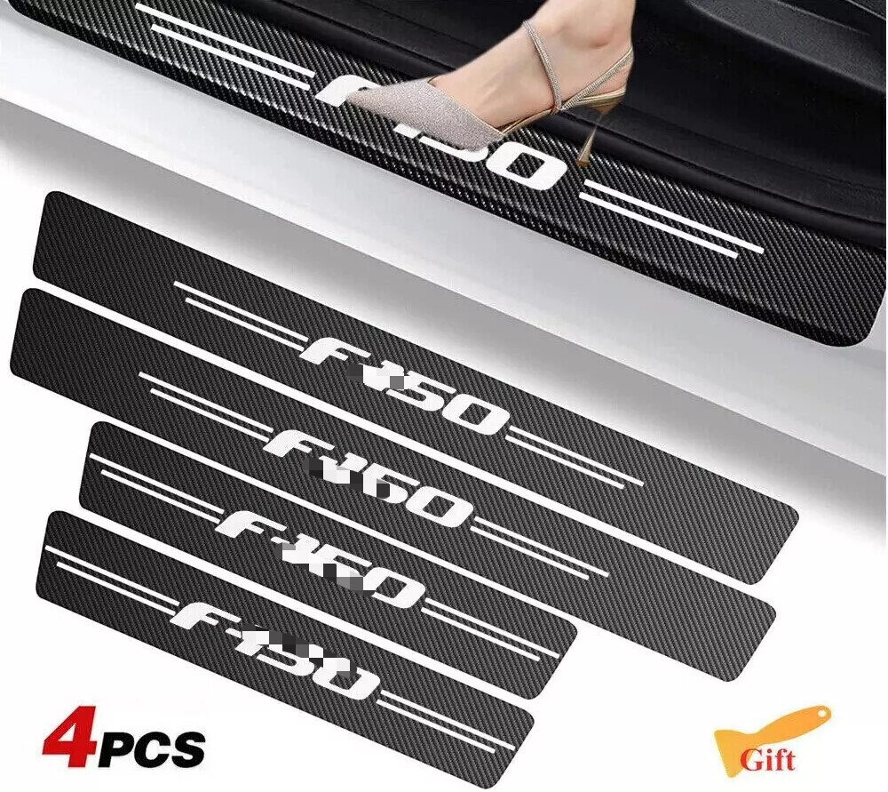 4PCS For F-150 Car Door Sill Protector Carbon Fiber Leather Cover Sticker Set