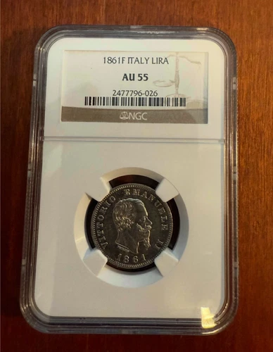 ITALY KINGDOM 1861-F  1 LIRA SILVER COIN, ALMOST UNCIRCULATED NGC CERTIFIED AU55