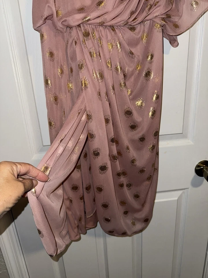 Adriana Papell Evening Dress Gold Foil One Shoulder Light Mauve Women’s Size 14 - Image 3 of 3