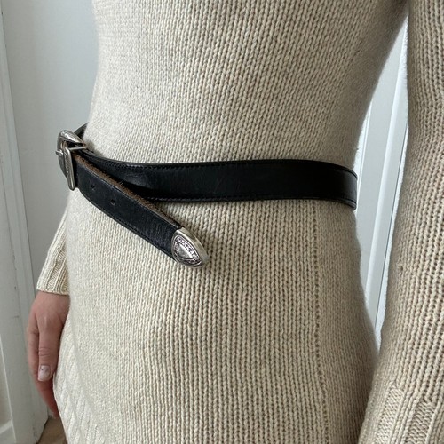 Vintage 1990s Womens Black Leather Western Silver Buckle Skinny Waist Belt Sz L - Picture 3 of 3