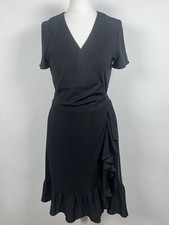 Hush Size UK 8 Real Wrap Dress Black Stretchy Lined Ruffle Short Sleeved