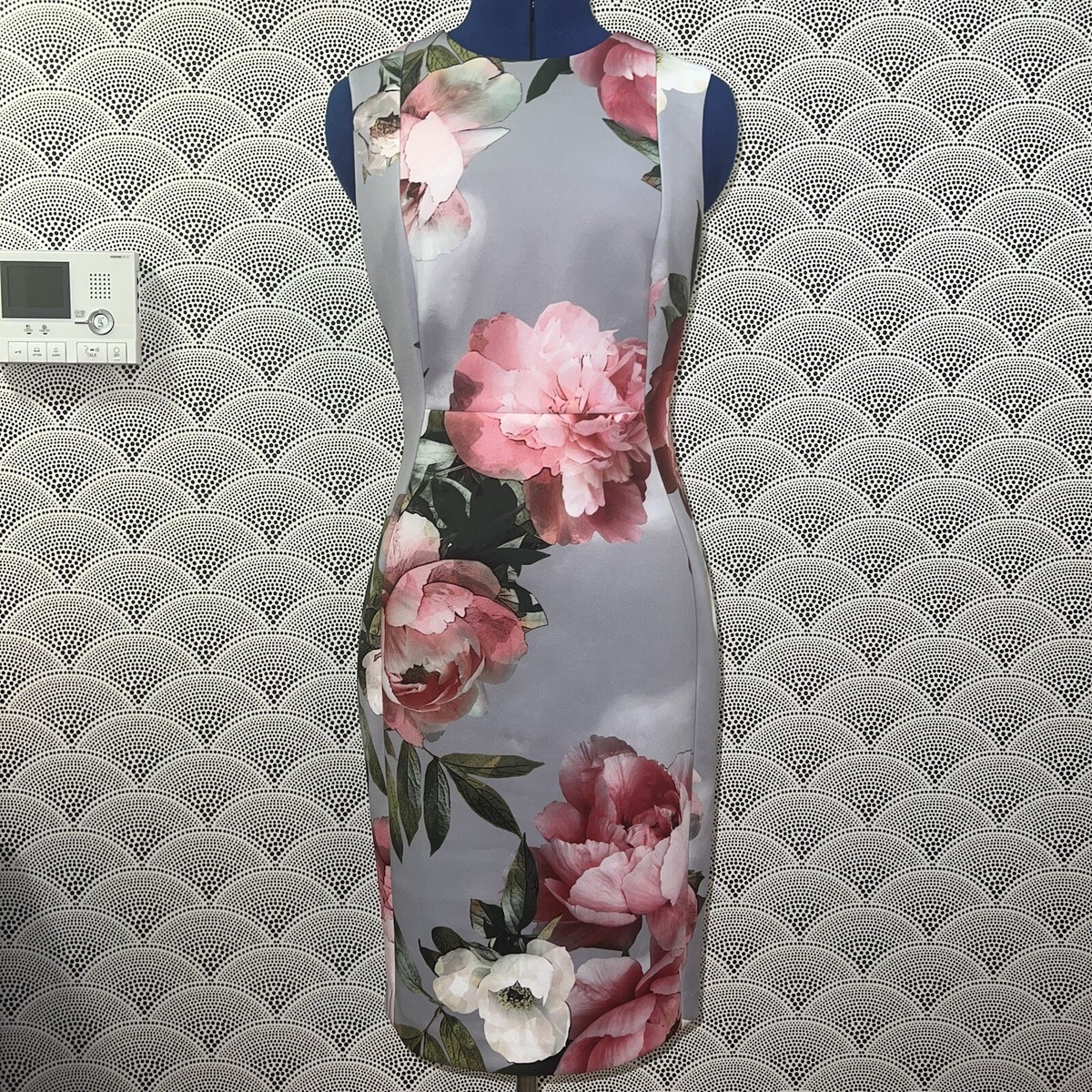 grey and pink floral dress Calvin Klein Printed Scuba Sheath YGroup_15079710884205
