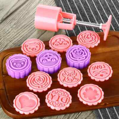#ad Moon Cake Pastry Mold Hand Pressure 50g Round 9 stamps DIY Tools Car Rose Love.. $13.99