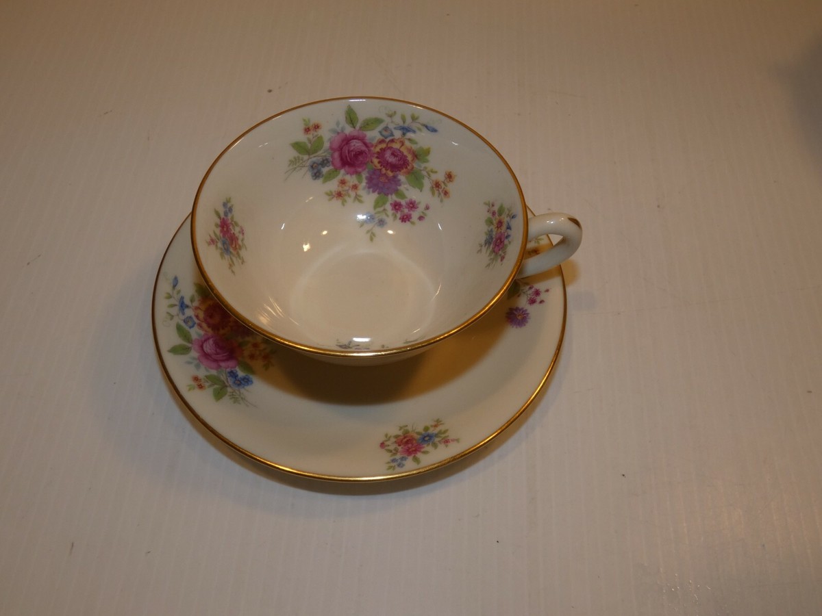 Vintage Lenox L-347 Cup/Saucer, Multicolor Floral Spray, Gold Tone