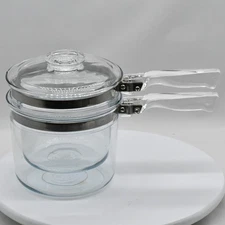 Vintage Pyrex Flameware Clear Glass Double Boiler Pots With Lid 1.5 Qt 6283