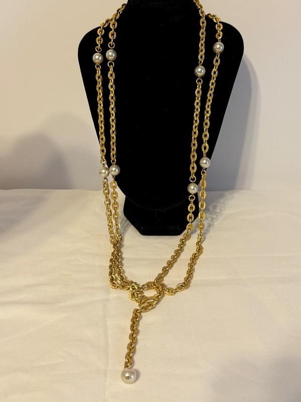 62" Vintage Gold Tone Necklace with Large Faux Pearls