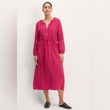 NWT EVERLANE Tencel Gathered Midi Dress in Pink Red Long Sleeves size Large