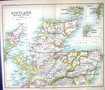Old Print Map C1901 Northern Scotland Orkney Shetland Caithness Aberdeen 20th