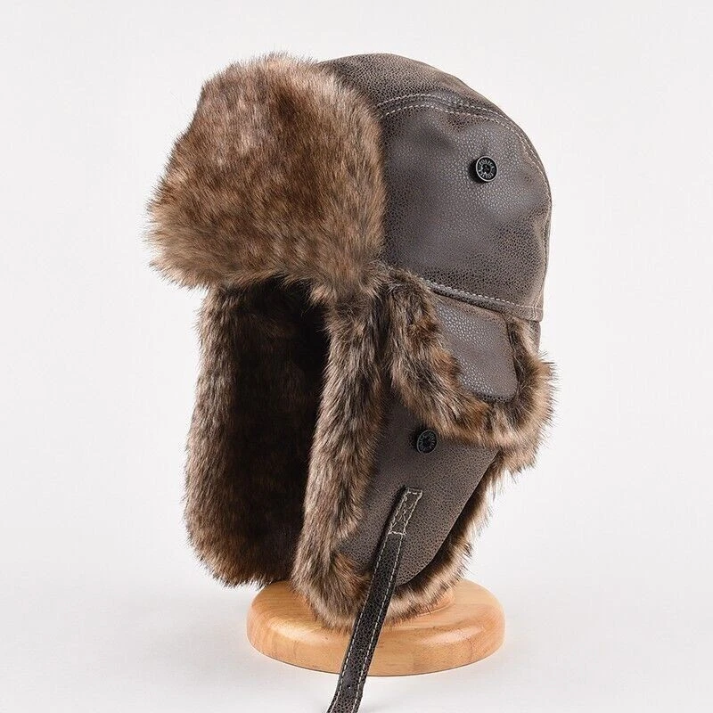 Gorra de aviador rusa Ushanka de cuero de mapache de invierno para hombre Foto 3 de 4