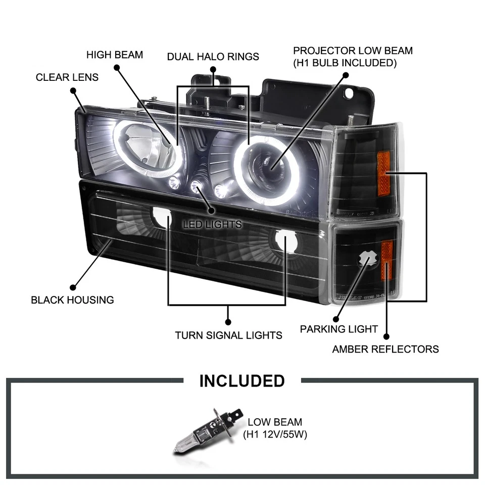 Fits 94-98 GMC C10 C/K Sierra Suburban Black Projector Headlights+Corner+Bumper — 第 3/4 张图片