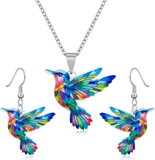 Colorful Hummingbird Jewelry Set, Necklace and Earrings, Rainbow Stained... 