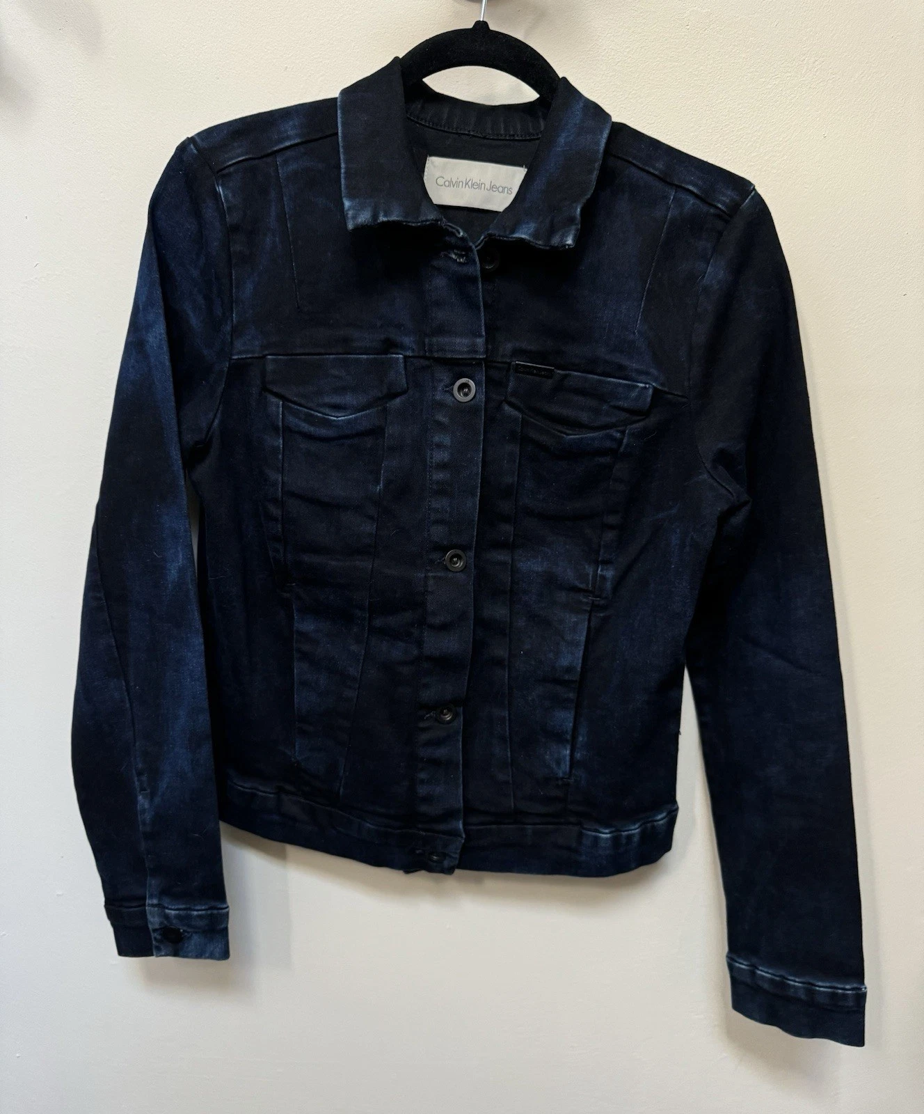 Calvin Klein Denim Jacket Distressed Acid Wash Dark Blue Size Small
