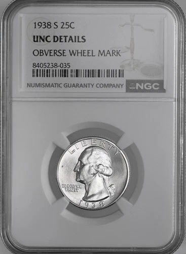 1938-S 25C WASHINGTON SILVER QUARTER NGC UNC DETAILS OBV WHEEL MARK #8405238-035