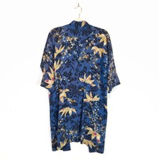 Vintage blue yellow gold Japanese floral kimono robe Medium