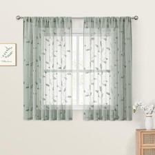 Sage Green Sheer Curtains 52 x 54 Inch Length 2 Panels Embroidered Leaf Patte...
