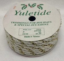 Vintage White/Gold Yuletide Holiday Gift Wrap/Trimming Cord