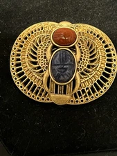 Vintage Mary Mcfadden Egyptian Revival Scarab Beetle Stone Brooch Pin Scarf Clip