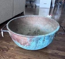 1800s Antique Handmade Copper Pot Candy Kettle Confectioners Iron Handle 26”/33”