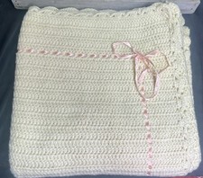 Vintage Handmade Crochet Afghan Cream Pink Ribbon Scalloped Throw 56x58